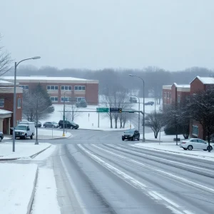 Snowy school landscape in Houston during winter storm