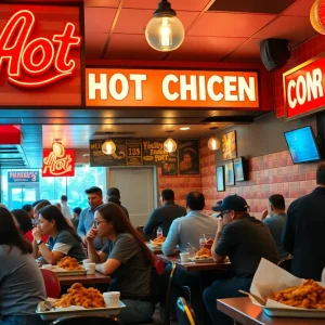 Houston TX Hot Chicken bustling restaurant with diners enjoying meals