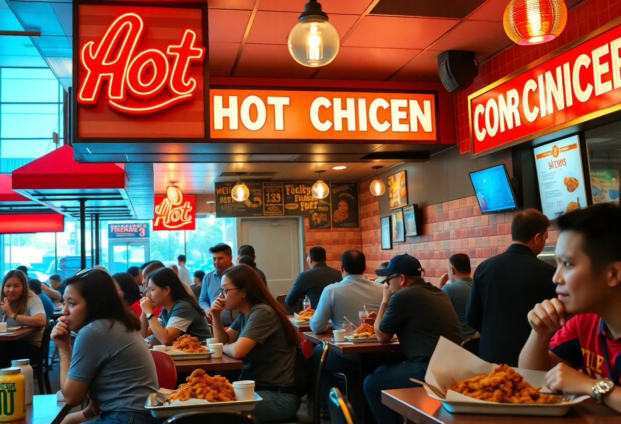 Houston TX Hot Chicken bustling restaurant with diners enjoying meals