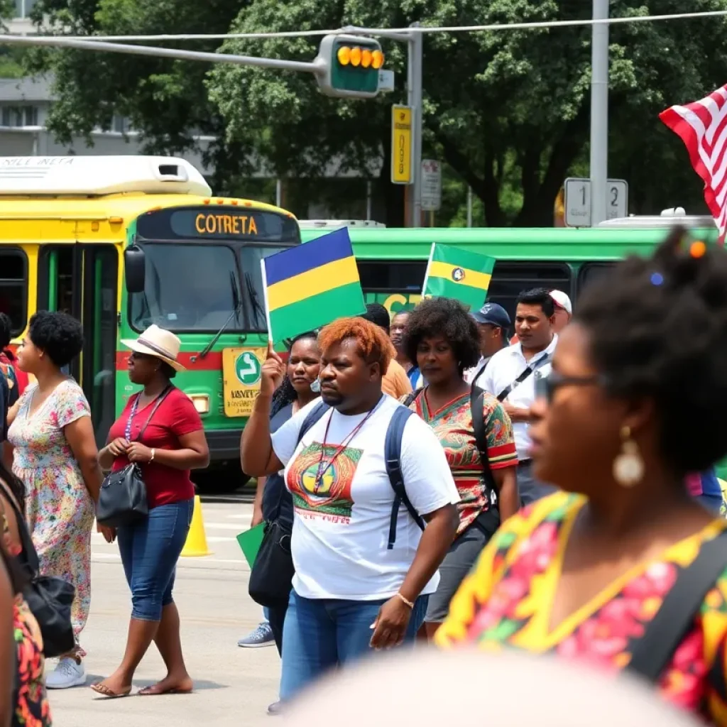 Diverse groups celebrating Juneteenth in Houston with METRO public transportation visible.