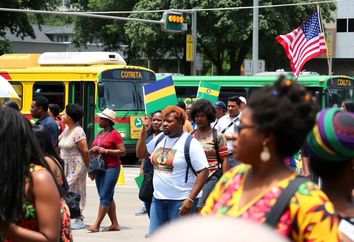 Diverse groups celebrating Juneteenth in Houston with METRO public transportation visible.