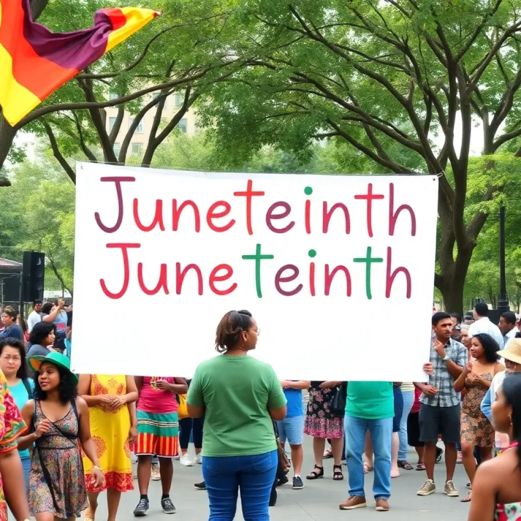 Crowd celebrating Juneteenth with music and dance
