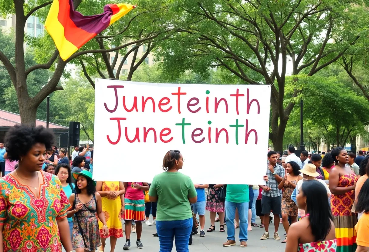 Crowd celebrating Juneteenth with music and dance