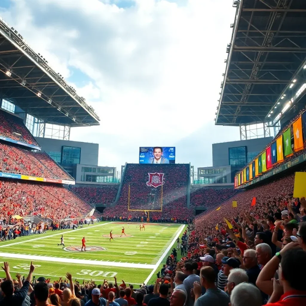 Fans celebrating at the Kinder's Texas Bowl in a vibrant stadium atmosphere.