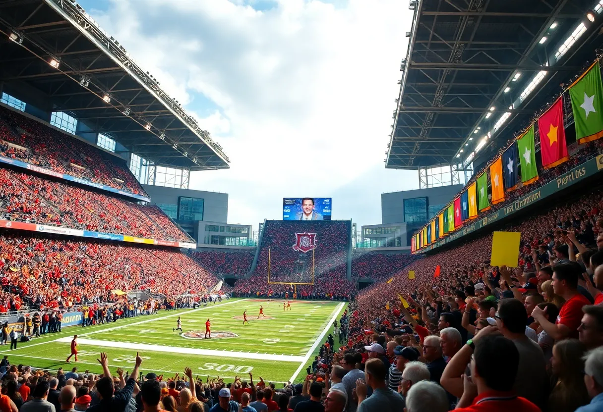 Fans celebrating at the Kinder's Texas Bowl in a vibrant stadium atmosphere.