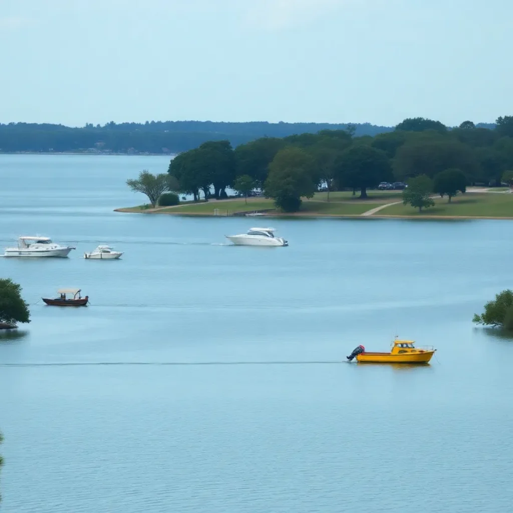 Scenic view of Lake Houston with picnic areas and boats