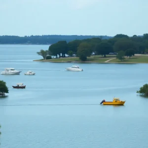 Scenic view of Lake Houston with picnic areas and boats