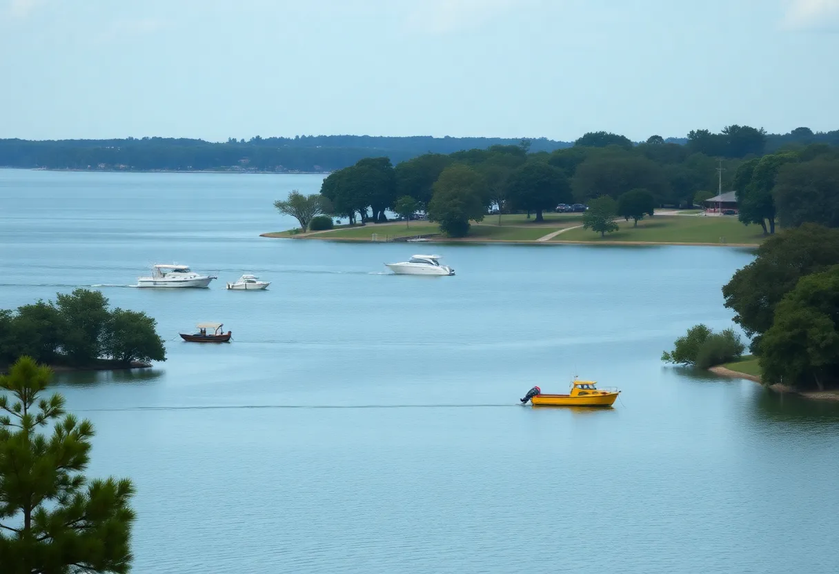 Scenic view of Lake Houston with picnic areas and boats