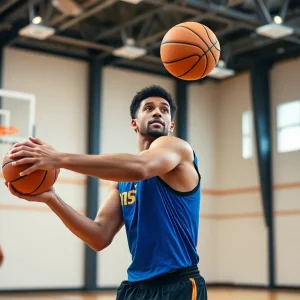A basketball player practicing shooting in a gym