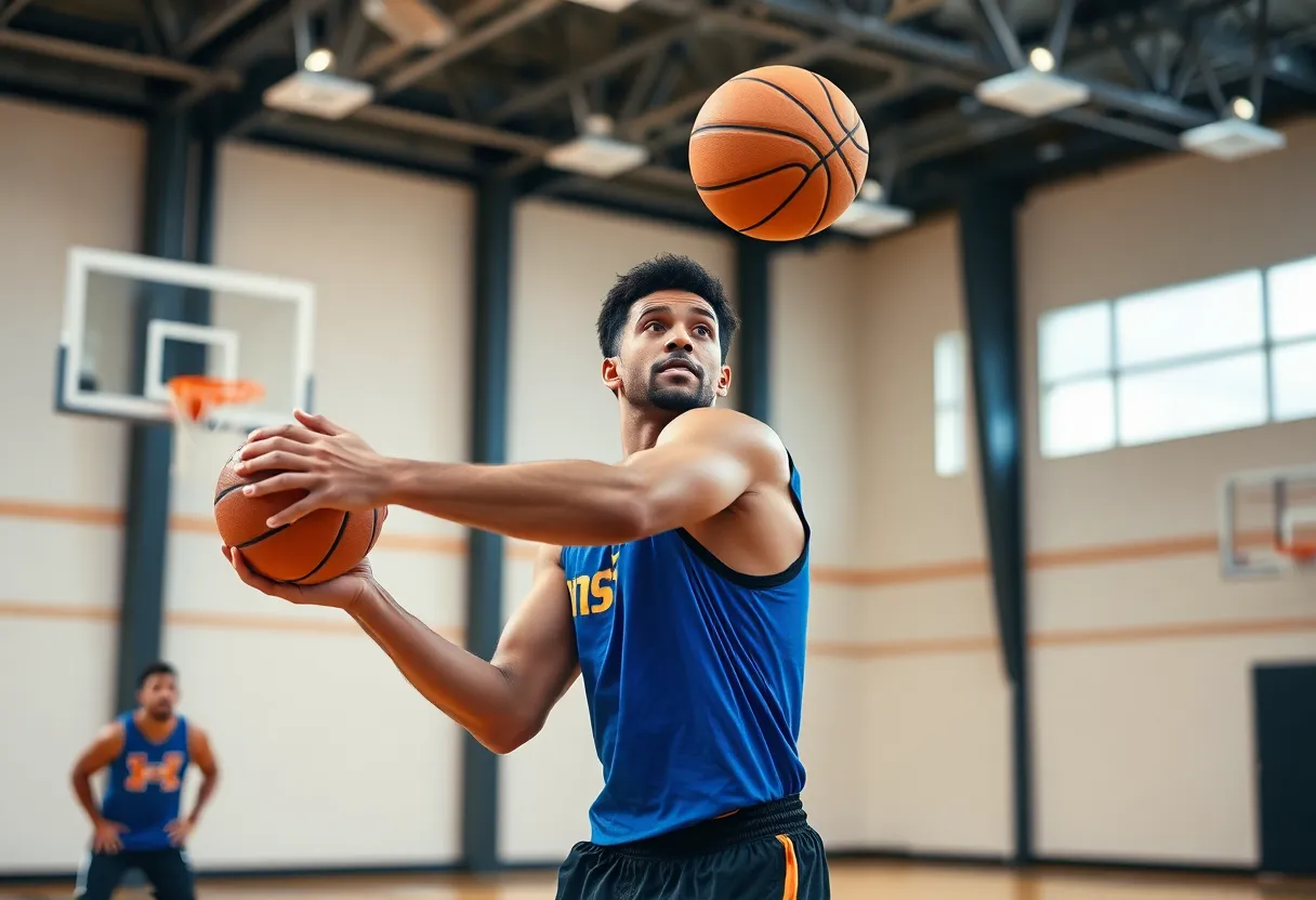 A basketball player practicing shooting in a gym