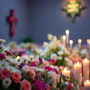 Memorial scene with flowers and candles