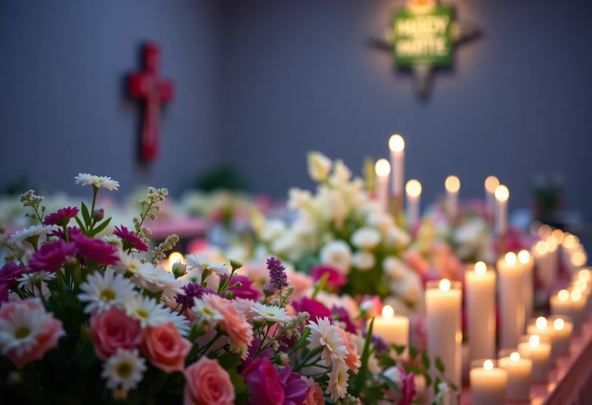 Memorial scene with flowers and candles