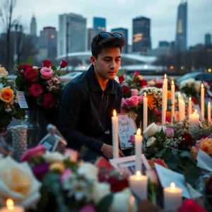 Memorial tribute for a young Houston victim, surrounded by flowers and candles.