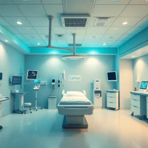 Artistic depiction of a cutting-edge cancer treatment center for children.