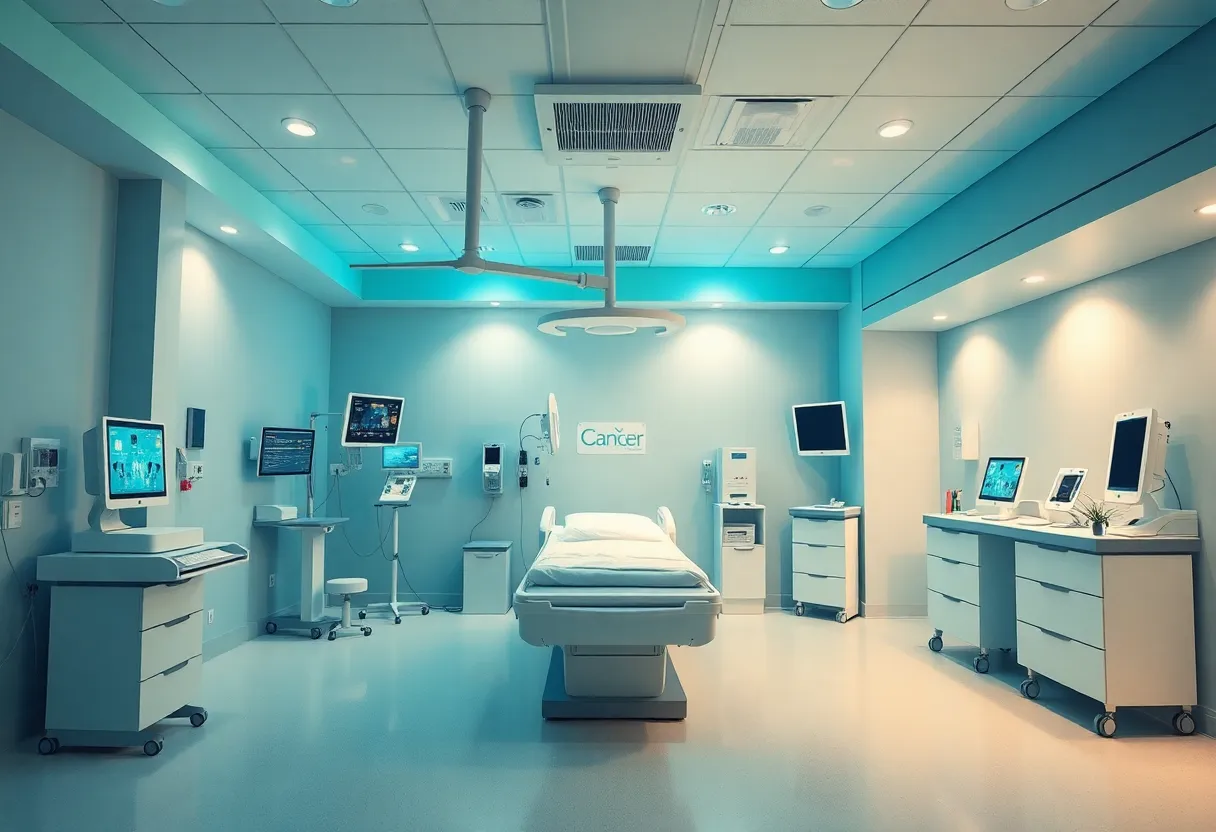 Artistic depiction of a cutting-edge cancer treatment center for children.