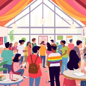Illustration of the Montrose Center with community members engaging in supportive activities.