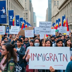 Crowd at the No Kings Day protest in Houston holding banners and flags