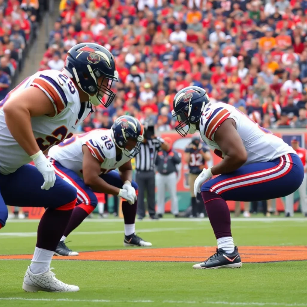 Offensive lineman in action on the football field