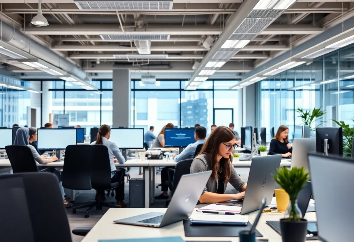Employees working in a modern office environment