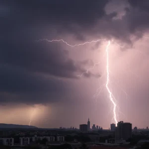 Severe thunderstorm clouds with lightning over Houston