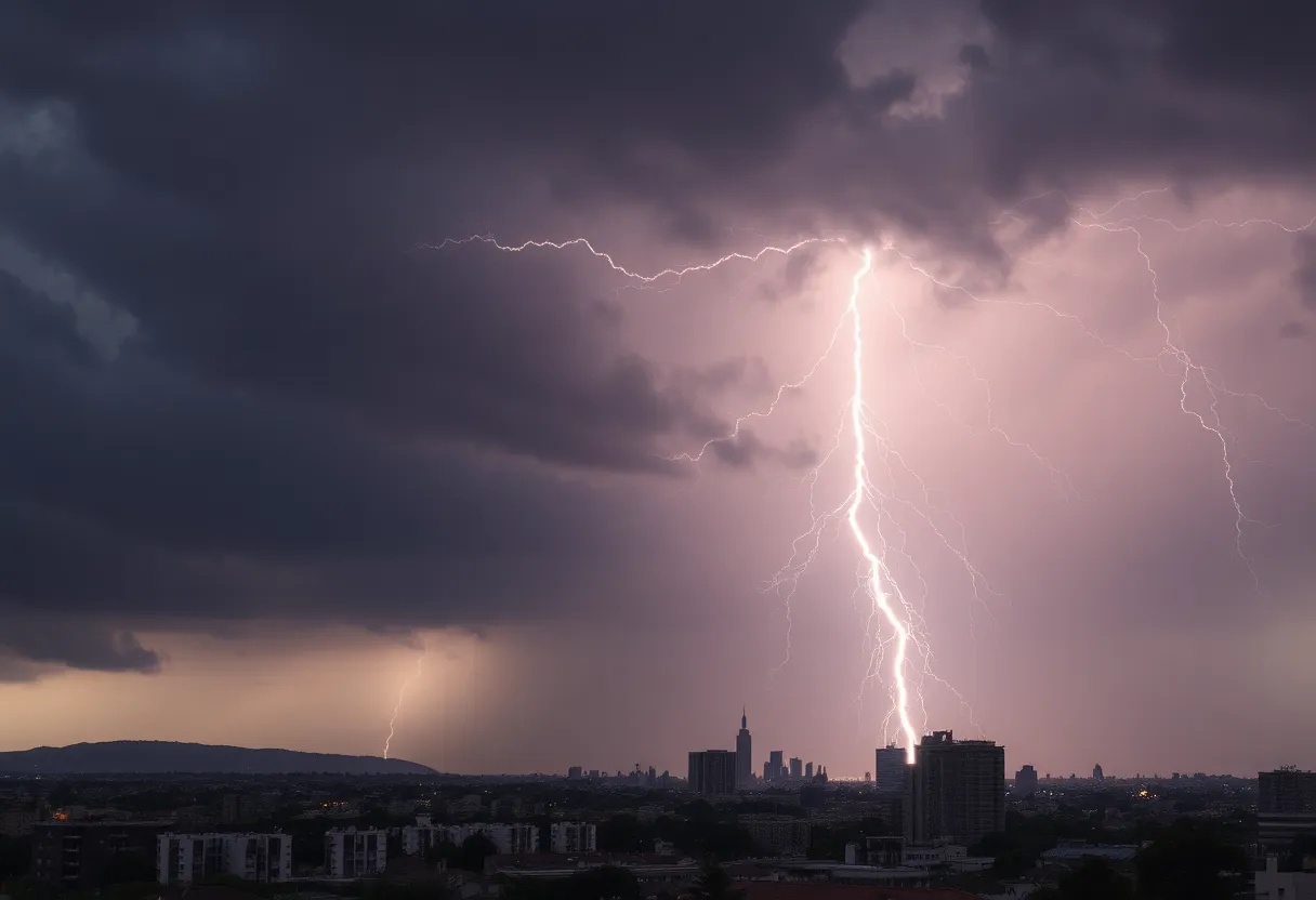 Severe thunderstorm clouds with lightning over Houston