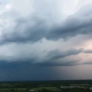 Dark clouds and rain over Southeast Texas during a severe thunderstorm