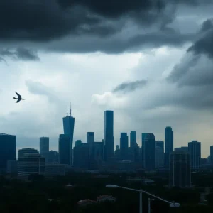 Stormy skies over Houston with rain clouds