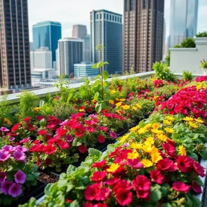 View of Skyfarm rooftop farm with crops and flowers in Houston downtown.