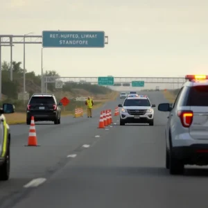 Scene of a highway closure with law enforcement vehicles during a standoff incident.