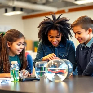 Students collaborating on a science project in a classroom.