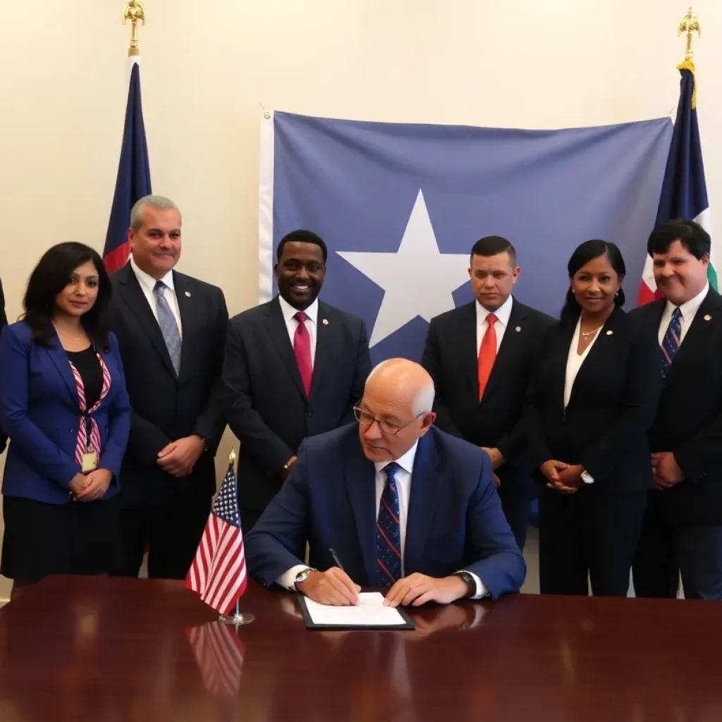 Governor Greg Abbott signing Texas bail reform legislation surrounded by advocates and officials.