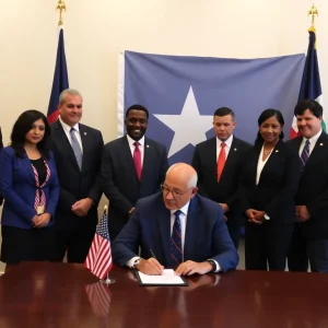 Governor Greg Abbott signing Texas bail reform legislation surrounded by advocates and officials.
