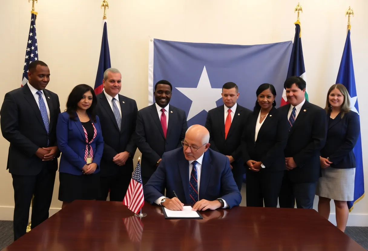 Governor Greg Abbott signing Texas bail reform legislation surrounded by advocates and officials.