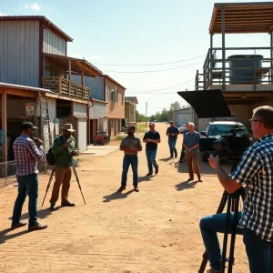Film crew working on a movie set in Texas