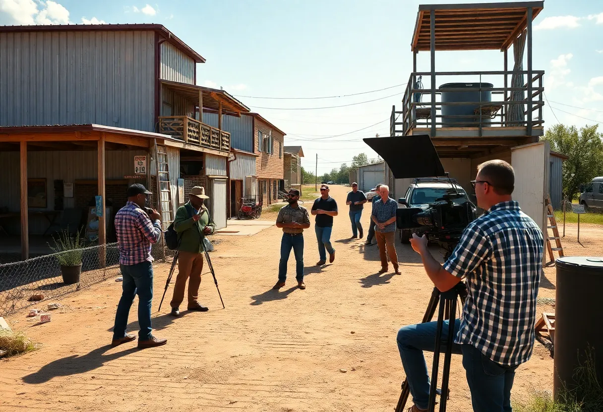 Film crew working on a movie set in Texas
