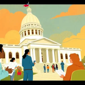 Illustration of Texas State Capitol during the legislative session