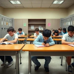 Students engaged in classroom activities without cellphones