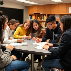 Students engaged in STEM activities in a classroom.