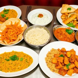 A variety of beautifully presented Indian dishes representing Houston's diverse culinary offerings.