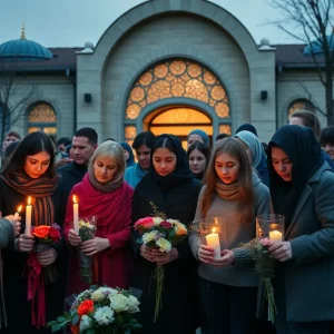 People mourning outside a mosque during a vigil.