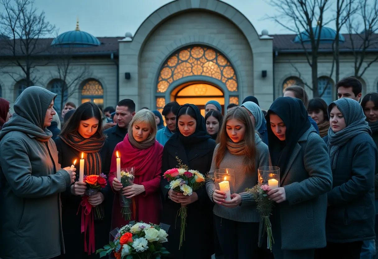 People mourning outside a mosque during a vigil.