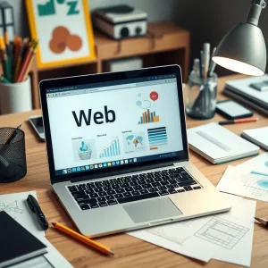 Workspace showcasing website design tools and digital assets