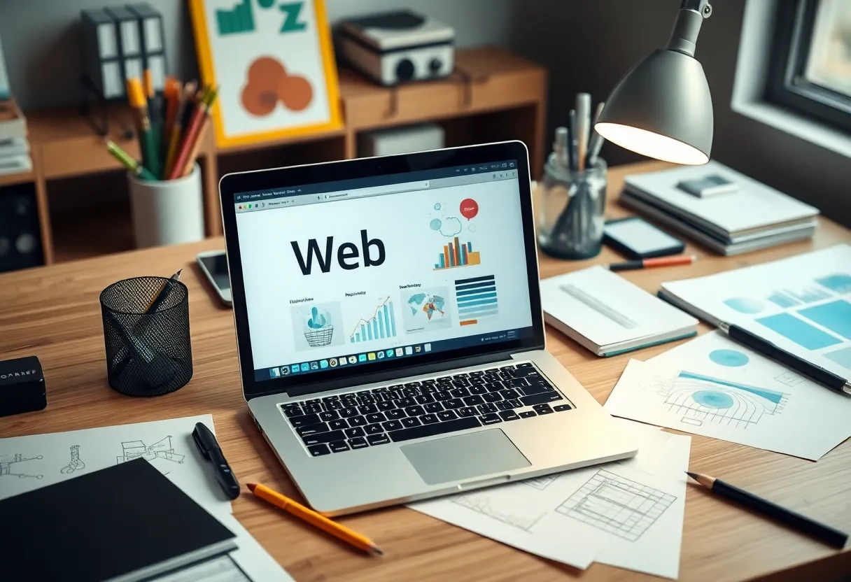 Workspace showcasing website design tools and digital assets