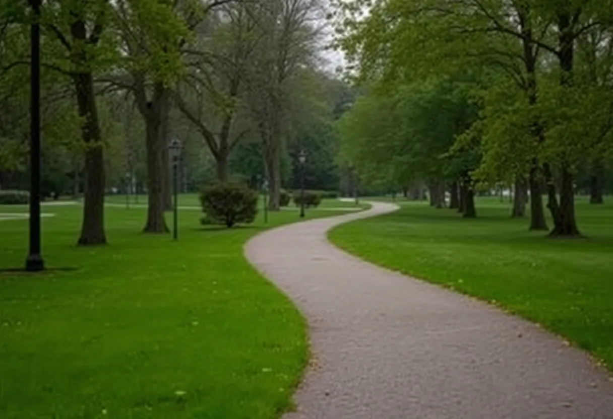 A tranquil park setting affected by a recent shooting incident.