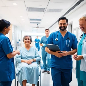 Modern healthcare facility with patients and healthcare providers