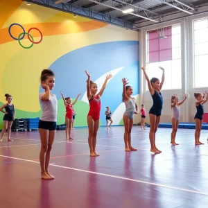 Young gymnasts training for the Junior Olympic Games