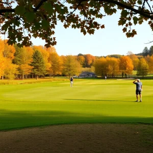 Golf course scene with players practicing on the green