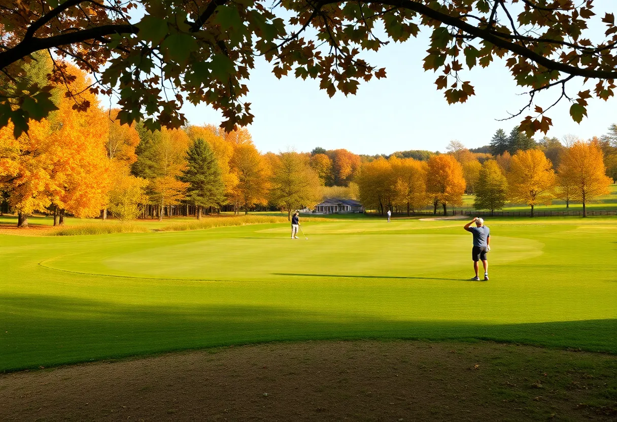 Golf course scene with players practicing on the green