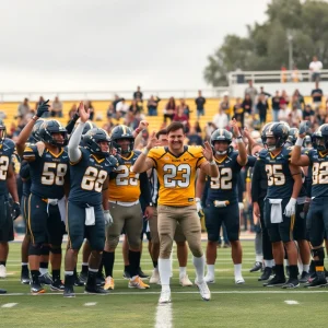 Football team celebrating a new recruit on the field