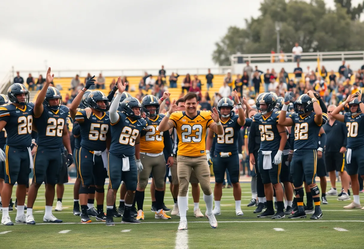 Football team celebrating a new recruit on the field